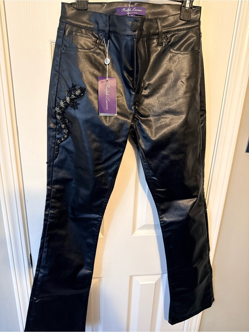 Ralph Lauren Black Faux-Leather Boot Cut Pants with Embellished Lizard rare find